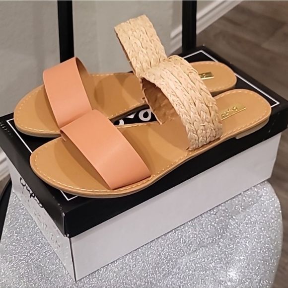 Qupid Two Band Slip-On Flat Sandals- Coral/Straw Tan - Picture 8 of 10